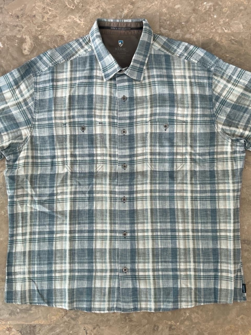 Kuhl Plaid Short Sleeve Shirt Men’s XL Cotton Linen Dual Pocket Button Up
